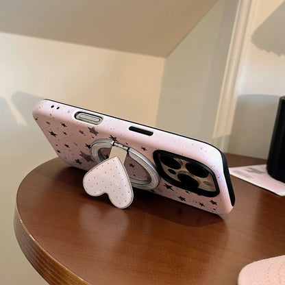 【マグネット式折りたたみハートスタンド付き】スプラッシュインク スター 星屑デザイン ハートリング付きスマホケース｜iPhone対応 #240629