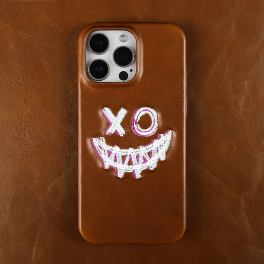 【本革シリーズ】艶あり スムースレザー スマイル ステッチケース｜iPhone対応 #240831