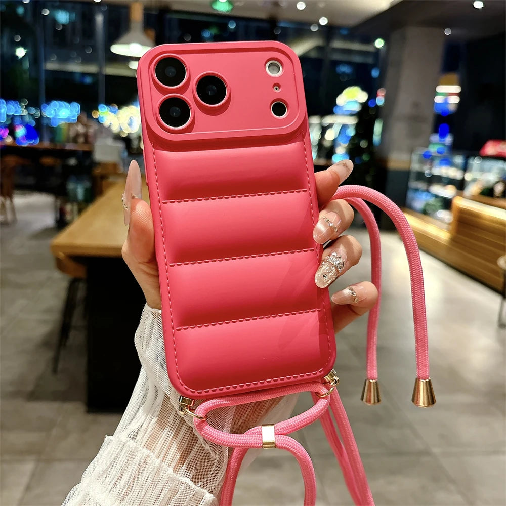 ダウンジャケット風 ソフト iPhoneケース｜ストラップ付き・カラーバリエーション豊富 #240601