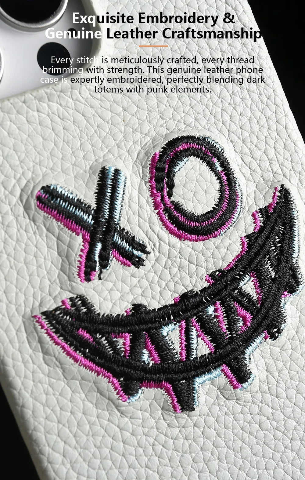 【本革シリーズ】艶なし シボ革 スマイル ステッチ レザーケース｜iPhone対応 #240901