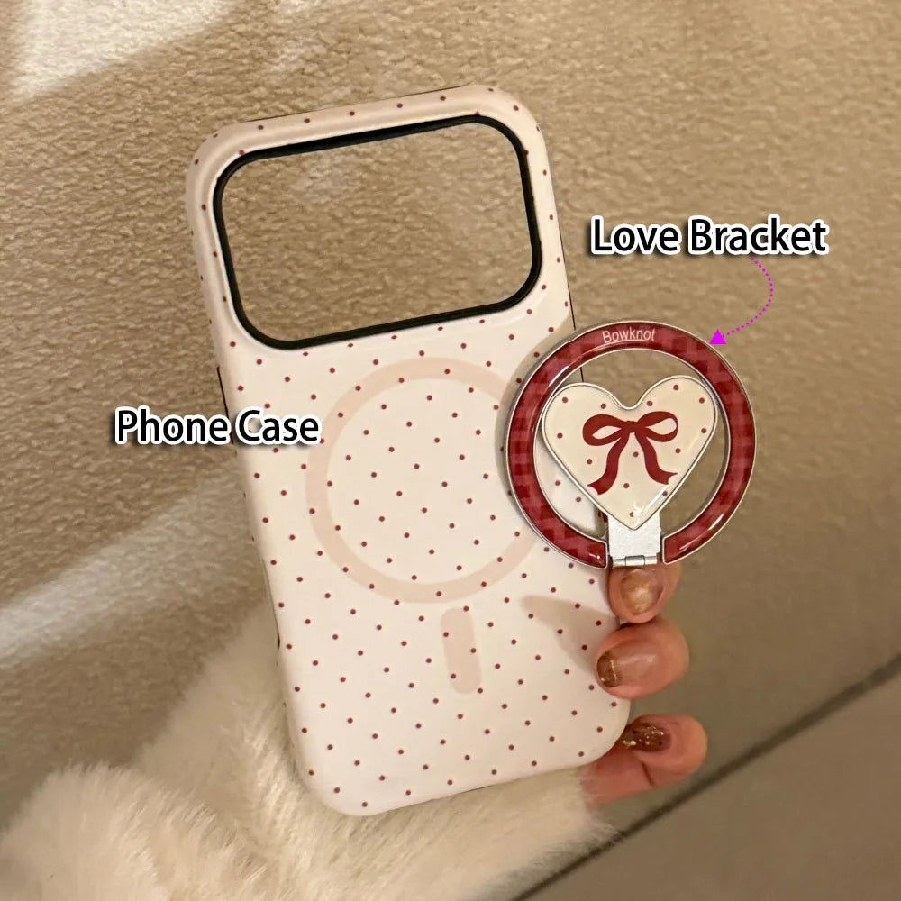 【マグネット式折りたたみハートスタンド付き】レッド プチドット柄 リボンハート スマホケース｜iPhone対応 #240701