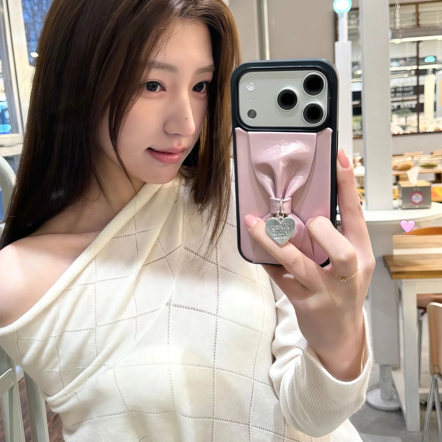 【立体リボン】 ハートチャーム付き ソフトレザー調  iPhoneケース #260207