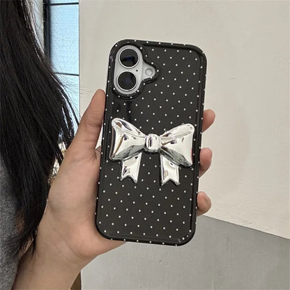 【ドットリボン】立体 メタリック リボン付き ガーリースマホケース｜iPhone対応 #250417