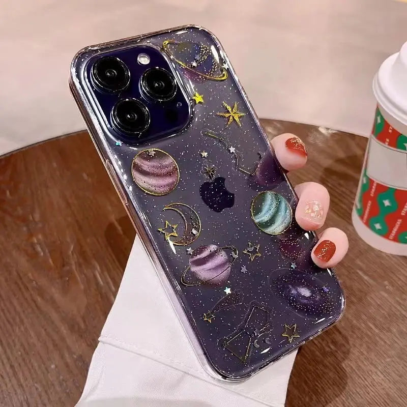 【グリッター 惑星 クリアスマホケース】星 月 ラメ｜iPhone対応 #250814