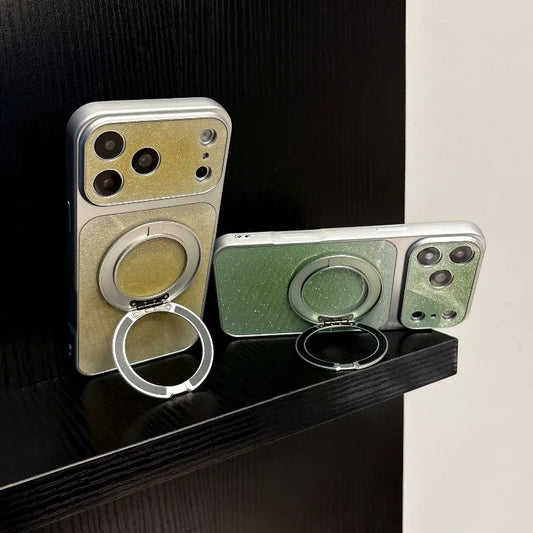 【グラデーション】ラメ シルバーフレーム リングスタンド Magnet内蔵 iPhoneケース グリッター PCA #261283　