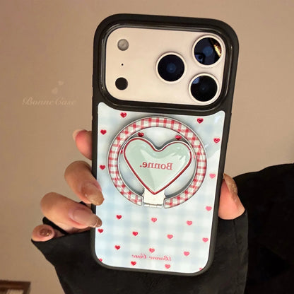【マグネット式折りたたみハートスタンド付き】ブルーギンガムチェック柄 ハートリング付きスマホケース｜iPhone対応 #240703