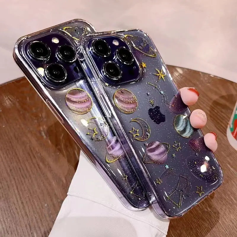 【グリッター 惑星 クリアスマホケース】星 月 ラメ｜iPhone対応 #250814
