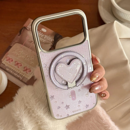 【マグネット式折りたたみハートスタンド付き】星柄 ラベンダー ハートリング付きスマホケース｜iPhone対応 #240705