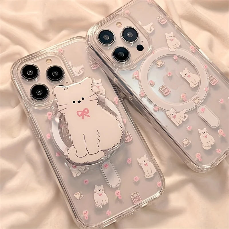 リボンねこイラスト クリアデザイン Magnet内蔵 グリップ付き iPhoneケース #240120