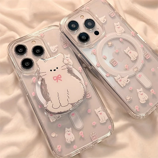 リボンねこイラスト クリアデザイン Magnet内蔵 グリップ付き iPhoneケース #240120