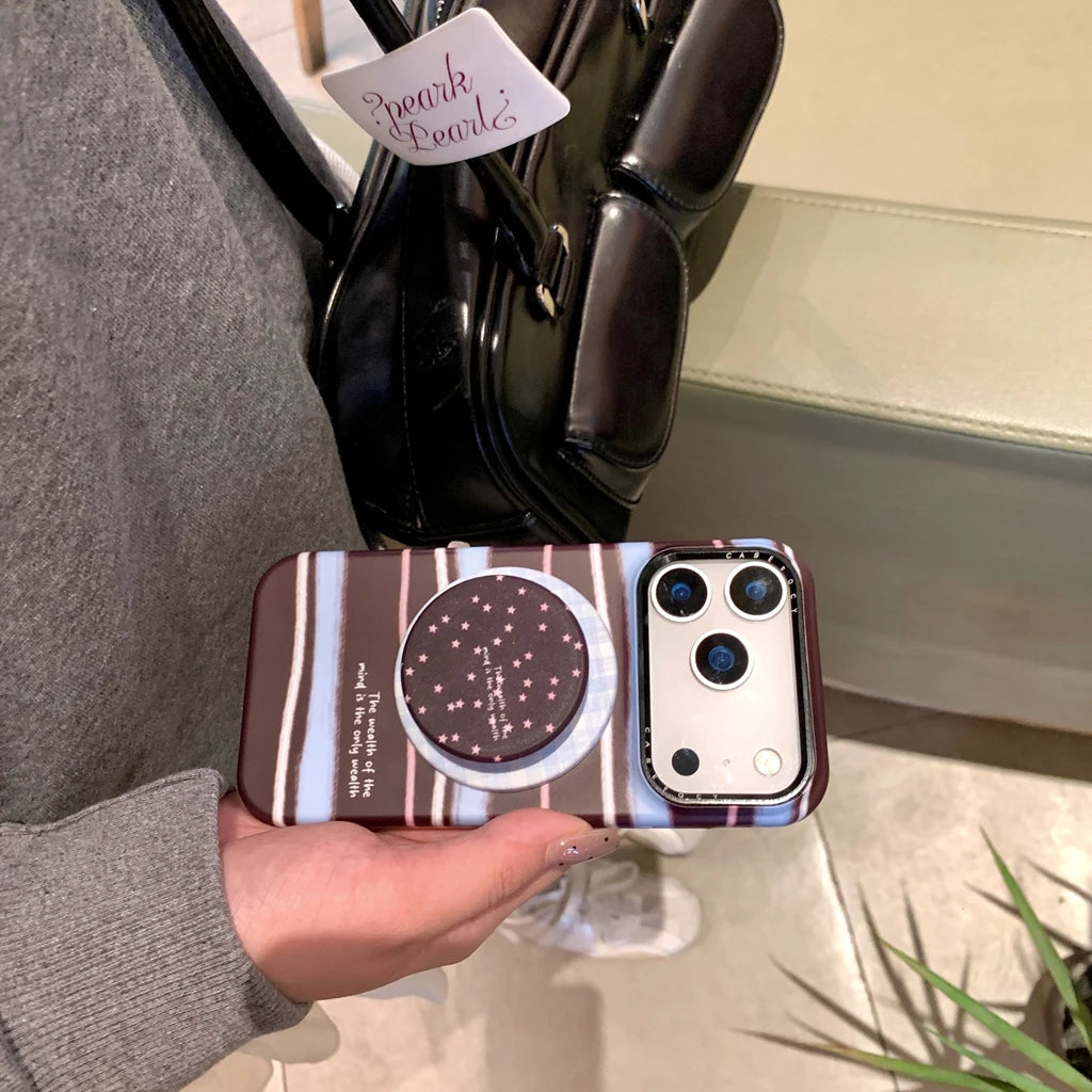 【Magsafe対応】ボルドー マルチカラーストライプ ×ドット スター スタンド スマホケース｜iPhone対応 #241224