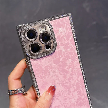 【スクエアシリーズ】大理石風 シェルパール キラキラビジュー スマホケース｜iPhone対応 #250817