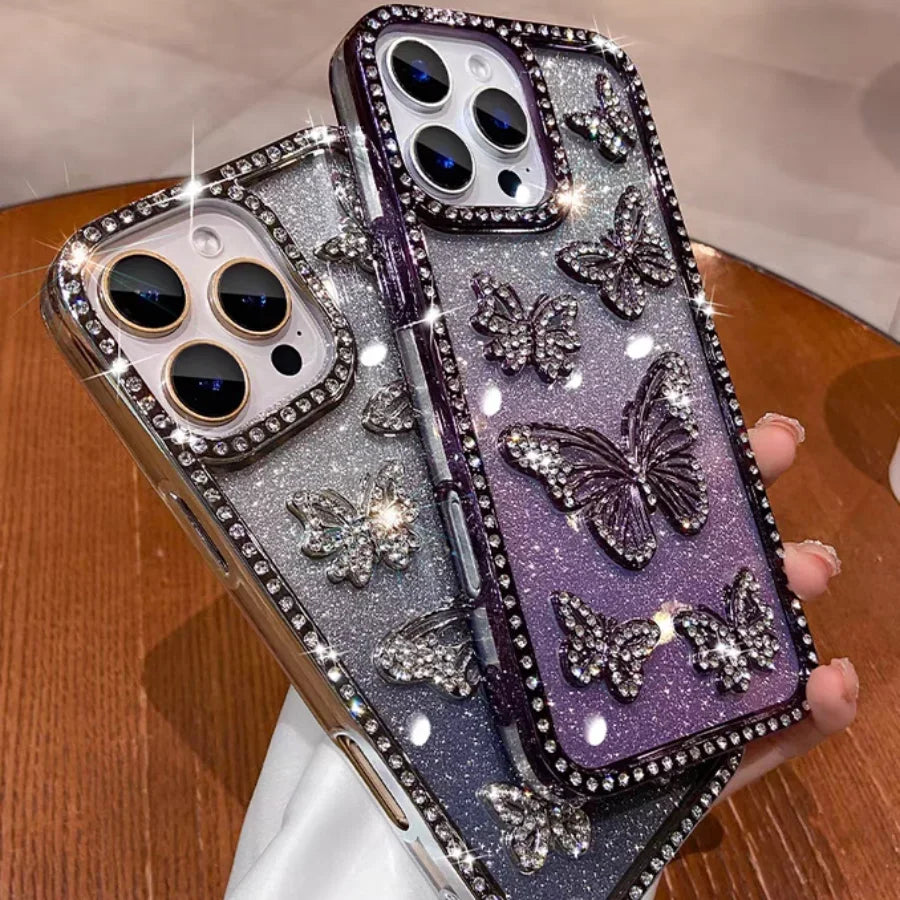 【ジュエリーバタフライ】立体バタフライ×ビジューグラデーション スマホケース｜iPhone対応 #250628