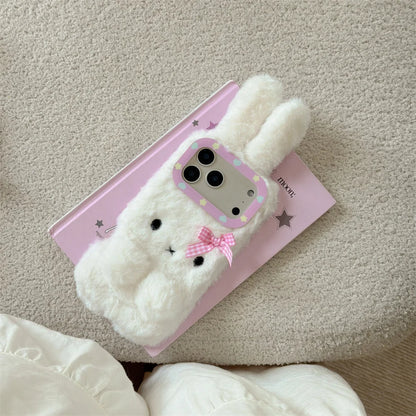 【ふわもこファーバニー】チェックリボン×ラビットファー スマホケース｜iPhone対応 #241223