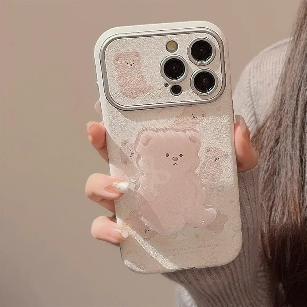 【モカベアスタンド】立体くま ポップソケット × リボンエンボス スマホケース｜iPhone対応 #241229