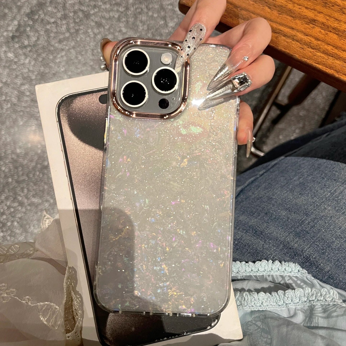 【大理石風】上品パール調 ホワイトシェル クリア iPhoneケース 高級感 キラキラ おしゃれ 耐衝撃｜iPhone対応 #250405