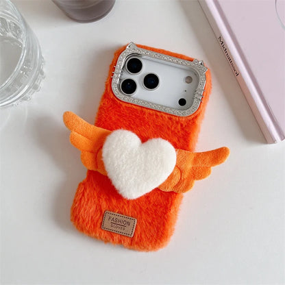 【もこもこエンジェル】ハート × 羽モチーフ ふわふわラブリーケース｜iPhone対応 #240910