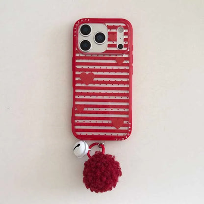 【レッドリボン・ハート】ポンポンチャーム付き スマホケース｜iPhone対応 #241020