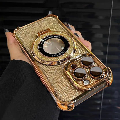 【折りたたみリングスタンド】高級感 ゴールド×ラメ リング付き iPhoneケース｜耐衝撃・スタンド機能・キラキラデザイン｜iPhone対応 #250407