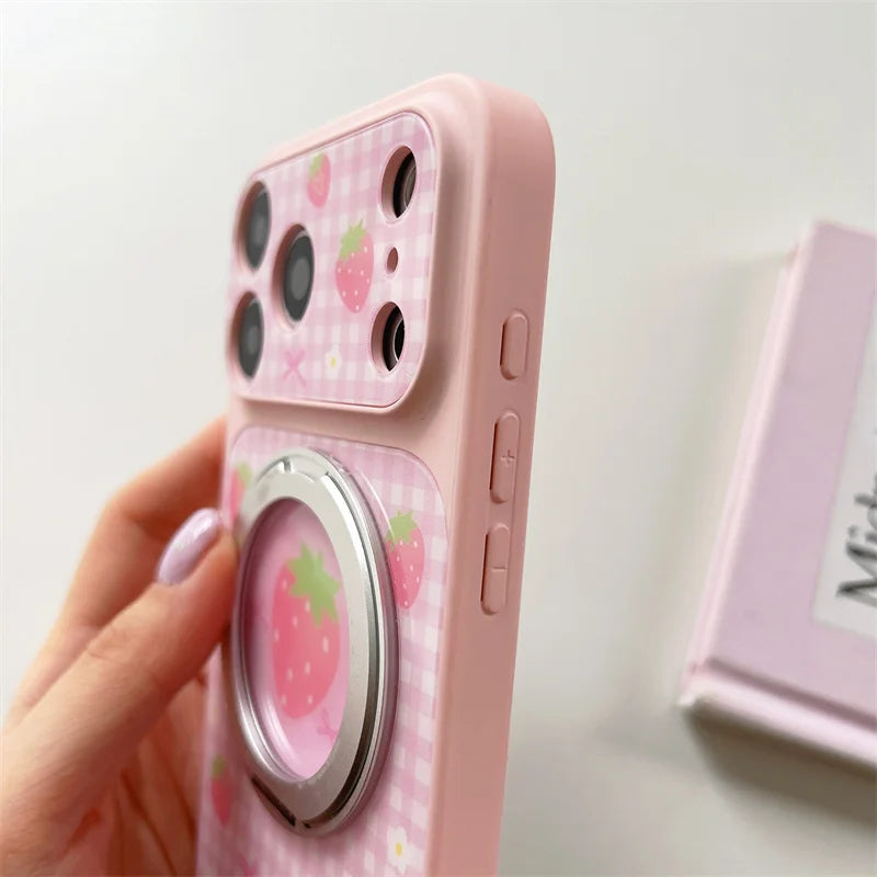 【フルーツ柄】ギンガムチェック iPhoneケース 回転リングスタンド付き ｜かわいい ポップ #260021