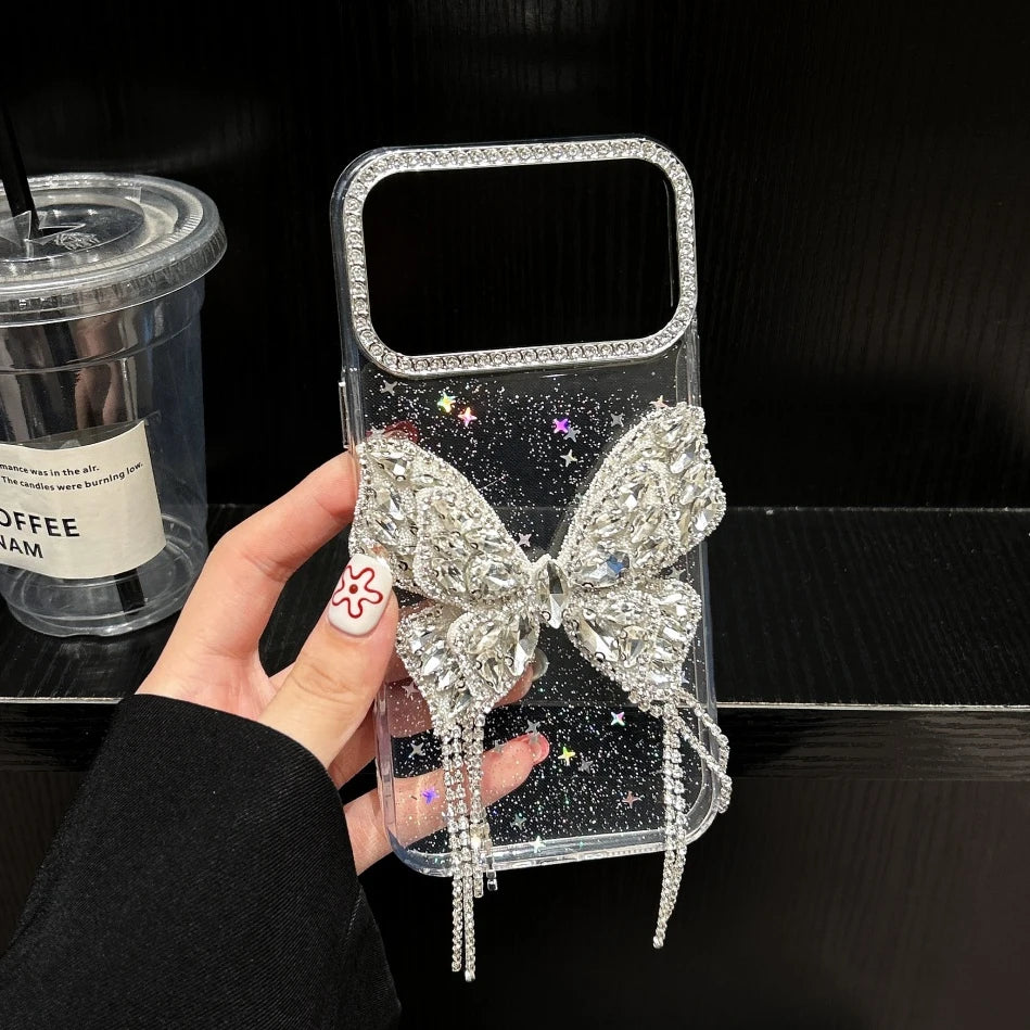 【グリッターバタフライ】キラキラ 蝶々 × ジュエリーチェーン スマホケース｜iPhone対応 #240807