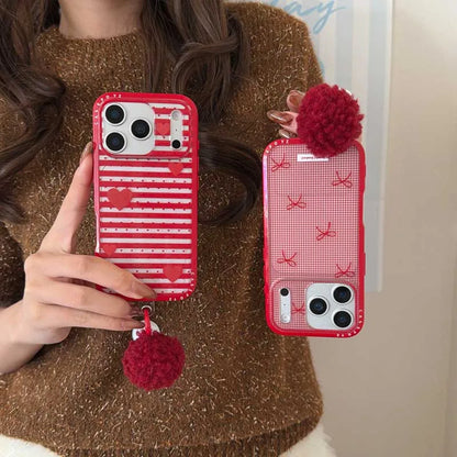 【レッドリボン・ハート】ポンポンチャーム付き スマホケース｜iPhone対応 #241020