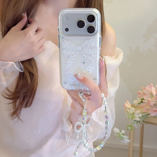 ビジュー ラメリボン ビーズストラップ付き クリア iPhoneケース #260602
