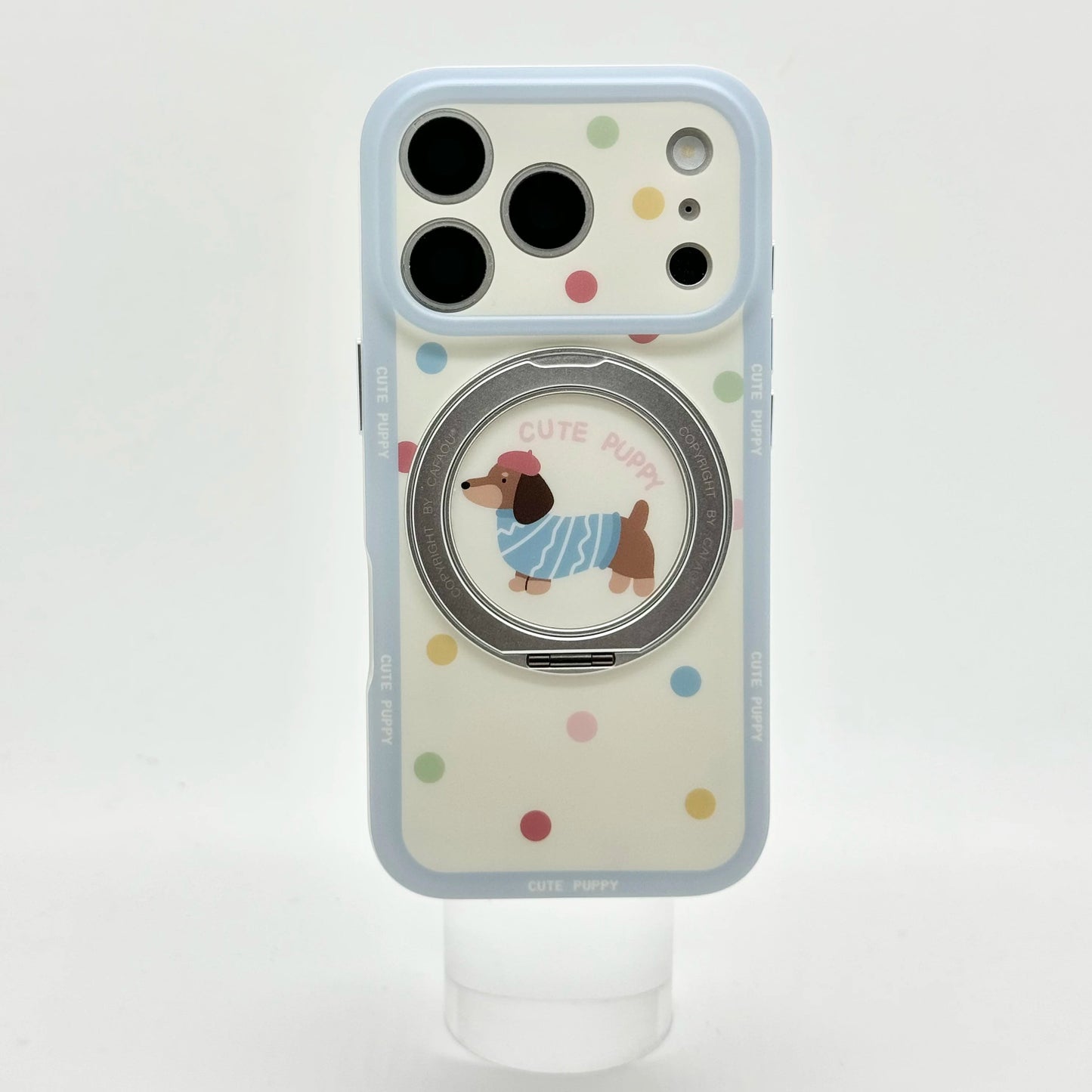 カラフルドット 水玉 ミニチュアダックス 360度回転 リングスタンド付き iPhoneケース #231209