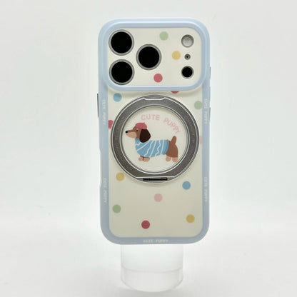 カラフルドット 水玉 ミニチュアダックス 360度回転 リングスタンド付き iPhoneケース #231209
