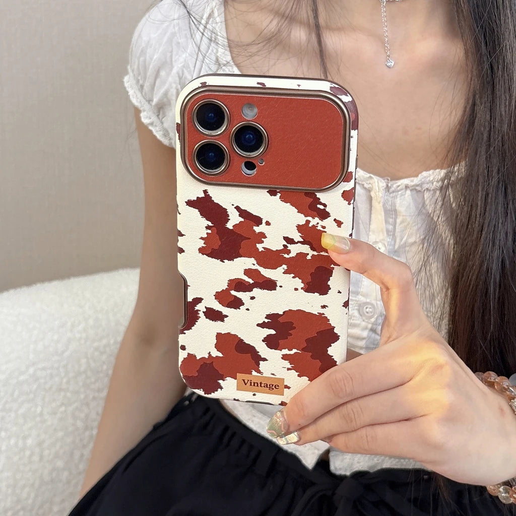 【ヴィンテージカウレザー】ブラウン牛柄×レザー調 スマホケース｜iPhone対応 #250122