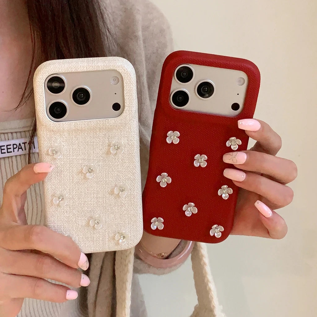 フラワー チェリーモチーフ iPhoneケース｜ビジュー装飾・布調デザイン #240530