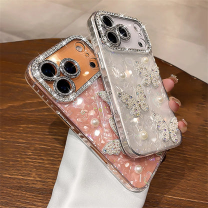 【ジュエリーバタフライ】キラキラ 蝶モチーフ×パール デコレーション スマホケース｜iPhone対応 #250424