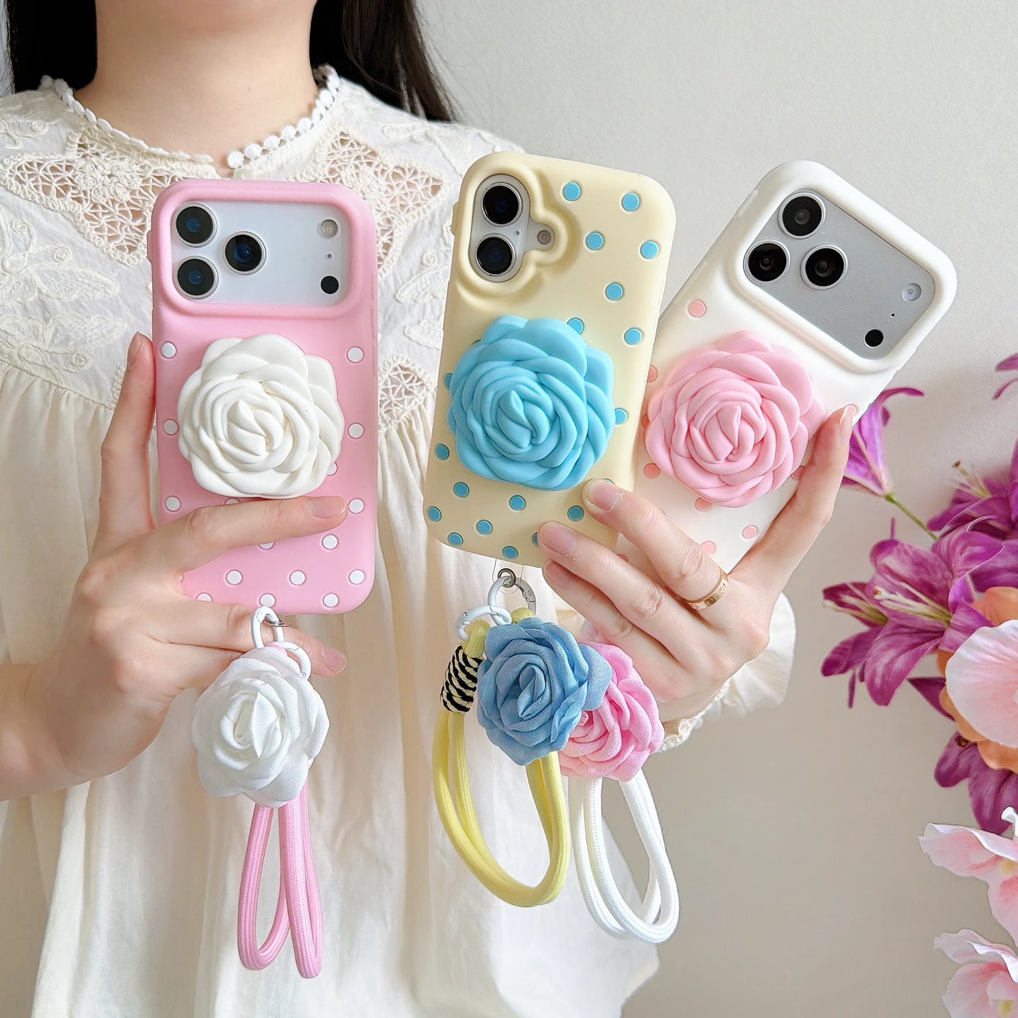 3D 立体ローズグリップ付き ドット柄 iPhoneケース｜ストラップ・フェミニンデザイン #231207