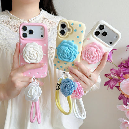 3D 立体ローズグリップ付き ドット柄 iPhoneケース｜ストラップ・フェミニンデザイン #231207