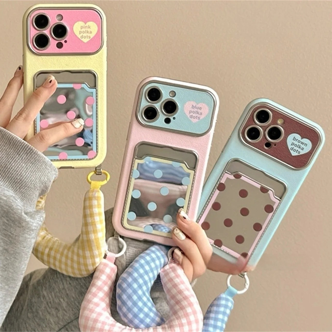 ギンガムストラップ付き ドットポケット iPhoneケース｜カード収納・ソフトTPU #240228