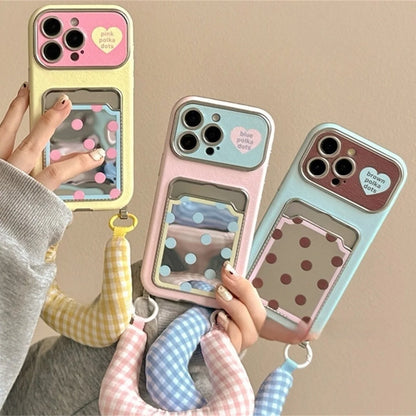 ギンガムストラップ付き ドットポケット iPhoneケース｜カード収納・ソフトTPU #240228