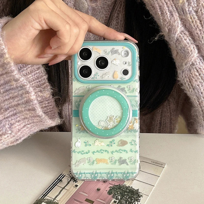 うさぎガーデン Magnet内蔵グリップ付き iPhoneケース｜淡色・ナチュラルラビット #231128