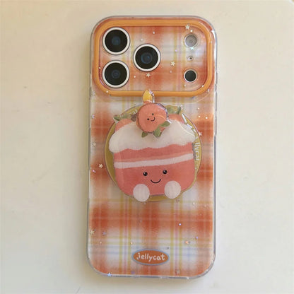 【Magnet内蔵】クリームケーキ オレンジ ギンガムチェック スマホケース｜ゆるかわポップソケット｜iPhone対応 #241203