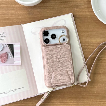 【ベアポケットレザー】くまエンボス × カード収納付き ショルダースマホケース｜iPhone対応 #250208