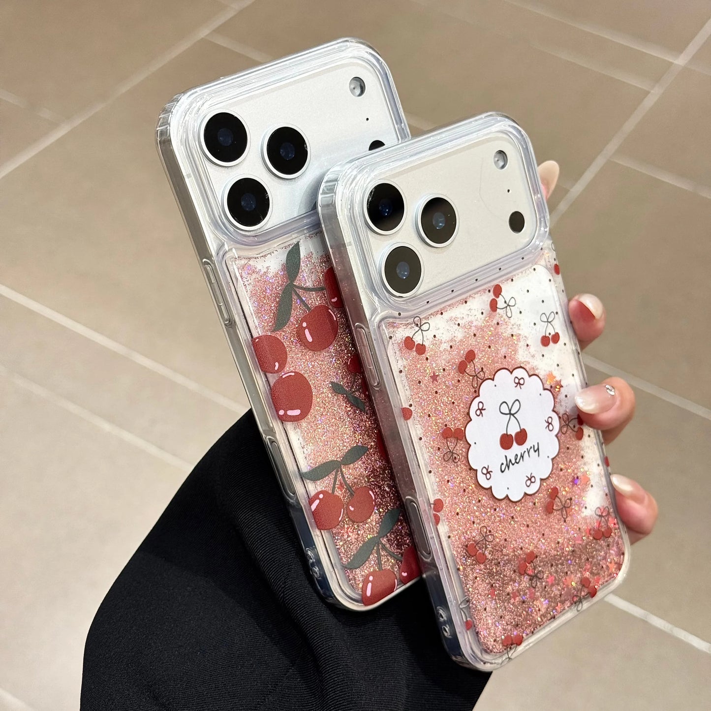 チェリー柄 リキッドグリッター パールストラップ付き クリア iPhoneケース キュート・ガーリー・韓国風 #261119
