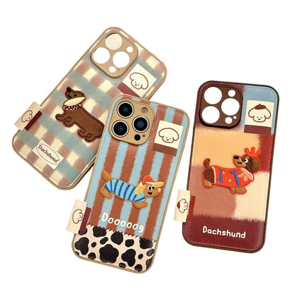 【チェックダックス】刺繍わんこ × レトロチェック エンボス スマホケース｜iPhone対応 #250210