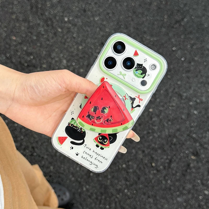 キュートな黒猫とスイカのデザイン iPhoneケース｜マグネットスタンド・ホルダー付 #260076