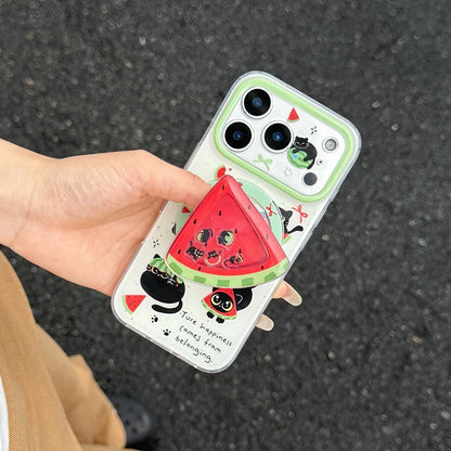 キュートな黒猫とスイカのデザイン iPhoneケース｜マグネットスタンド・ホルダー付 #260076