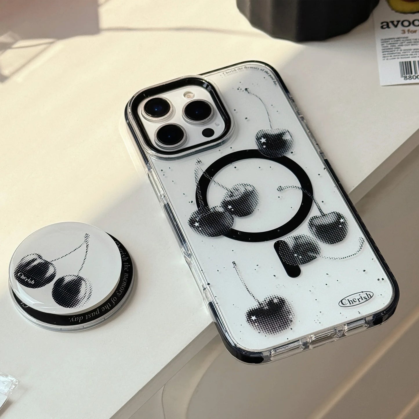 【Magnet対応】ブラックチェリー × 透明フレームケース｜iPhone対応 #240827