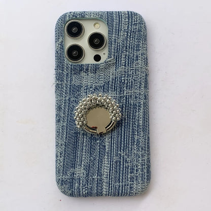 【デニムパール】ヴィンテージ デニム調 パール ビーズリング スタンド スマホケース｜iPhone対応 #250420