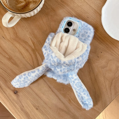 もこもこ 耳付き ラビット アニマルフード レオパード ヒョウ柄 iPhoneケース｜ファー素材 #240424