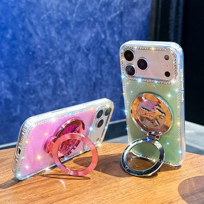 くるくる回る ユニコーン 馬 リングスタンド付き ホログラムラメ iPhoneケース #240511