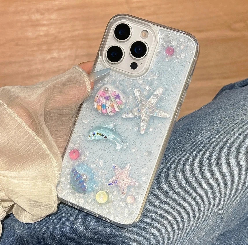 3D 立体クリア貝殻 シェル ヒトデ イルカ デザイン 海モチーフ iPhoneケース #260087