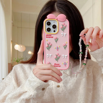 【フラワーリボンシリーズ】立体チューリップ＆蝶々モチーフ スマホケース｜iPhone対応 #250820