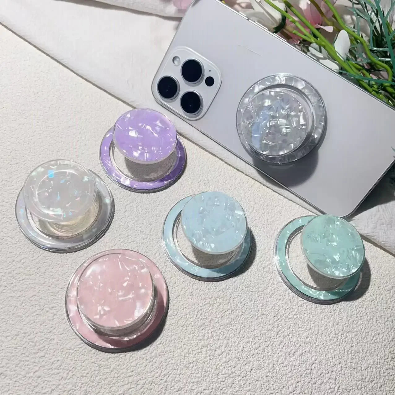 【スマホグリップ】パステルクリア ホログラムシェル  #241110